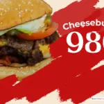 Cheeseburger from Five Guys with text '980 calories'.