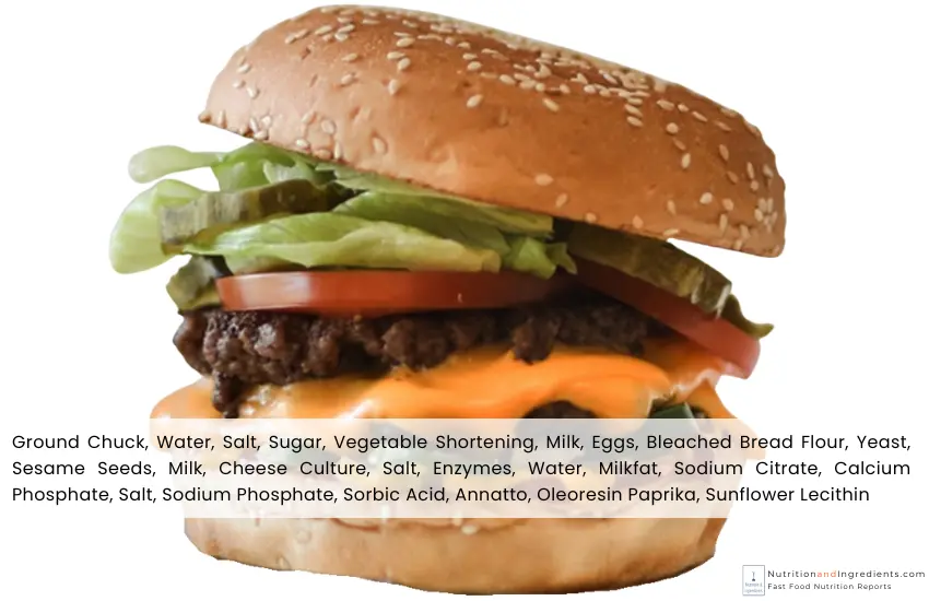 Five Guys cheeseburger with text list of ingredients.
