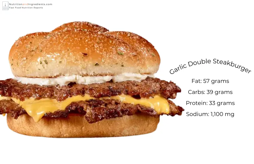 Double patty cheeseburger from Steak 'n Shake with text of summary nutrition facts.