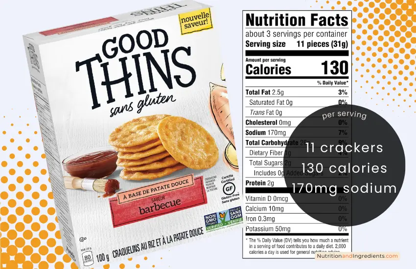 Box of Good Thins BBQ Sweet Potato crackers and copy of nutrition facts label.