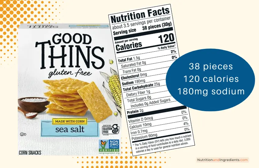 Good Thins corn crackers with copy of nutrition facts.