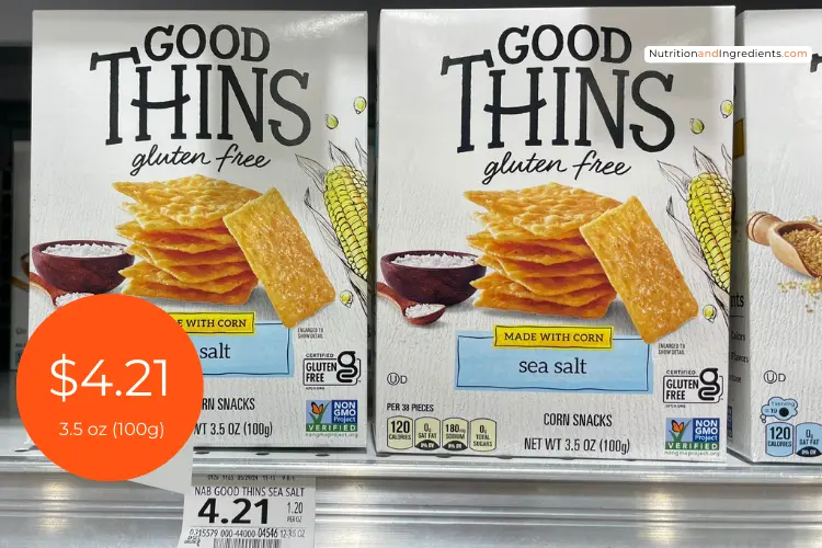 Sea Salt flavored corn crackers from Good Thins on grocery shelf with highlighted price.