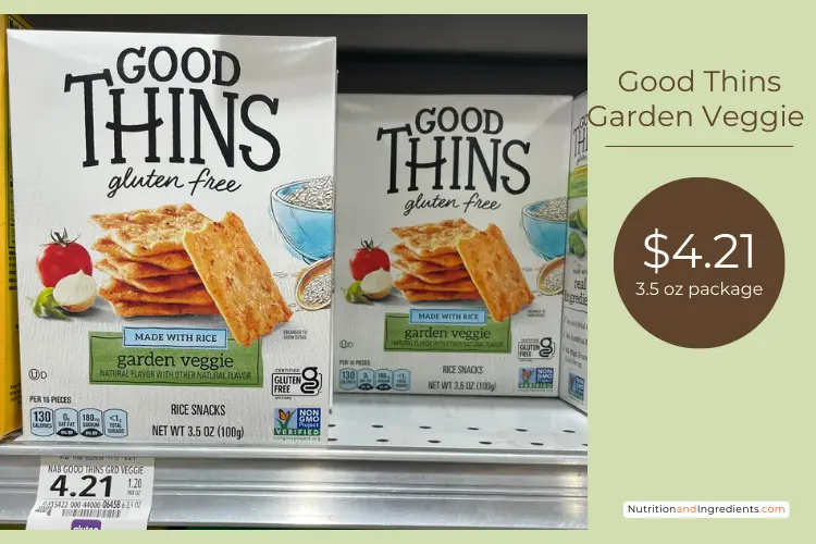 Boxes of Good Thins Garden Veggie flavored rice crackers on grocer store shelf.