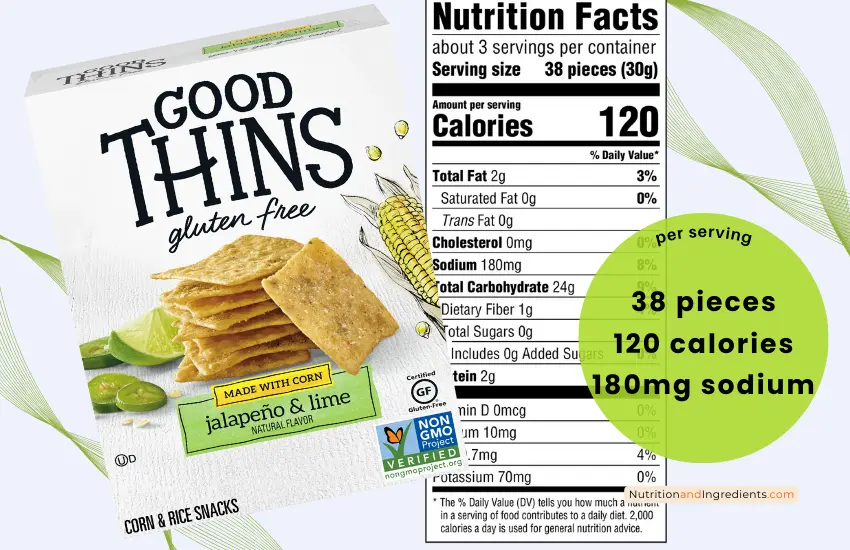 Box of Good Thins jalapeno & lime crackers with nutrition facts label.