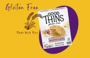 Box of Good Thins brand Parmesan & Garlic flavored crackers with text 'Gluten Free'.