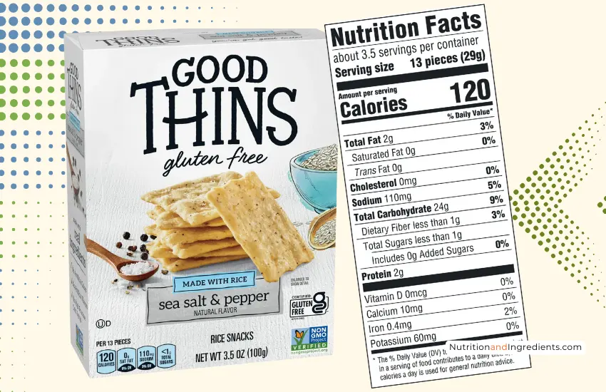 Box of Good Thins sea salt and pepper flavored crackers with copy of nutrition facts label.