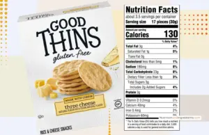 Box of Good Thins three cheese rice crackers and copy of nutrition facts.