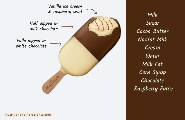 Magnum brand vanilla ice cream bar coated in chocolate with text listing ingredients