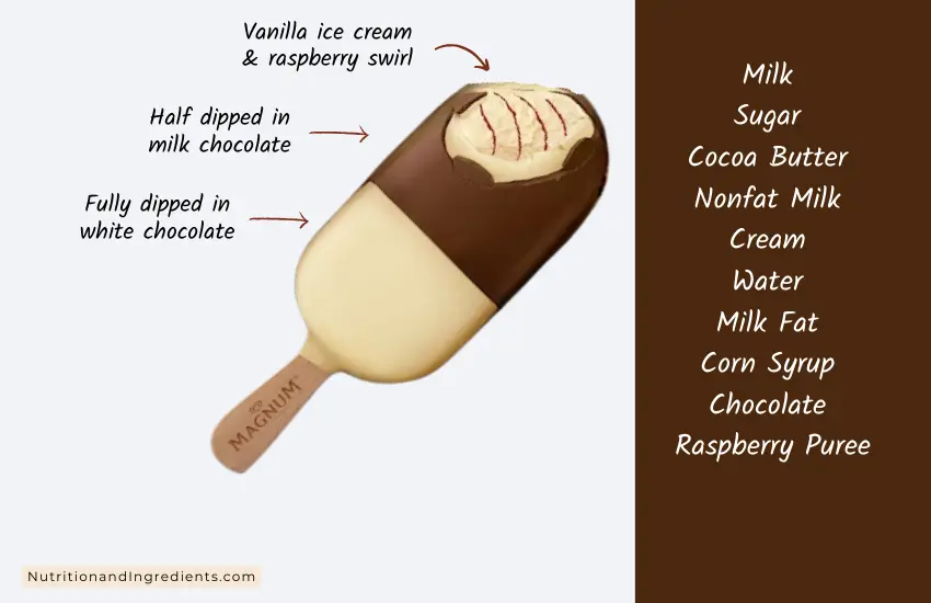 Magnum brand vanilla ice cream bar coated in chocolate with text listing ingredients