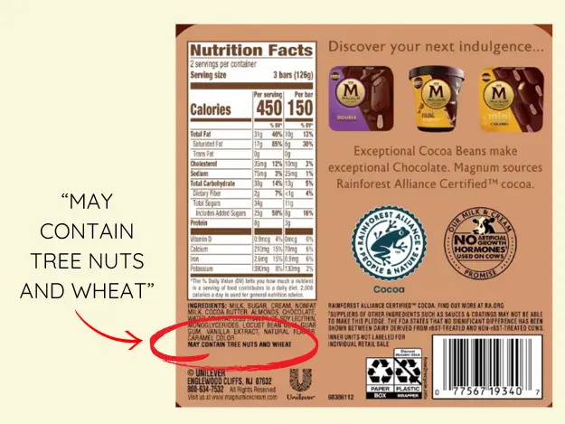 Back of packaging with highlighted text 'may contain tree nuts and wheat'.