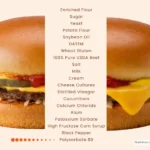 Cheeseburger from McDonald's cut in half and text listing ingredients.