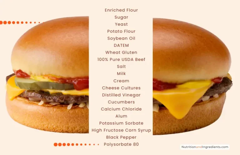 Cheeseburger from McDonald's cut in half and text listing ingredients.