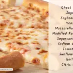 Cheese pizza with text listing ingredients.