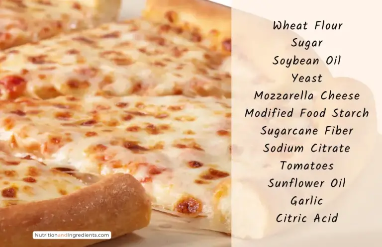 Cheese pizza with text listing ingredients.