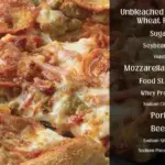 Pizza topped with various meats and mozzarella cheese with text listing some of the ingredients.