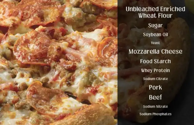 Pizza topped with various meats and mozzarella cheese with text listing some of the ingredients.