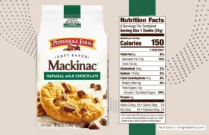 Package of Pepperidge Farm Mackinac Oatmeal Chocolate Chip cookies with nutrition facts label.