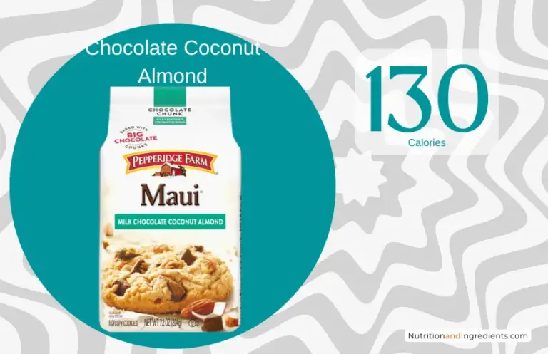 Package of Pepperidge Farm coconut and almond cookies with text '130 calories'.