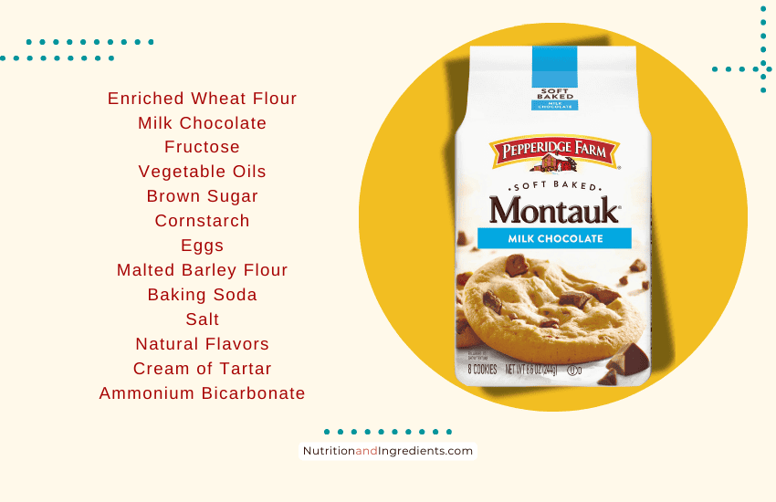 Package of chocolate chip cookies from Pepperidge Farm brand with text listing ingredients.