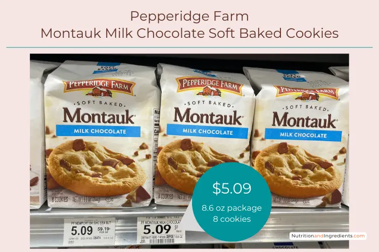 Packages of Pepperidge Farm milk chocolate chunk cookies on store shelf.