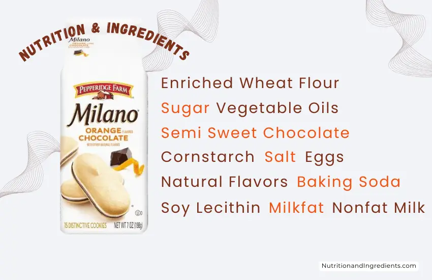 Milano brand Orange flavored chocolate cookies with list of ingredients.