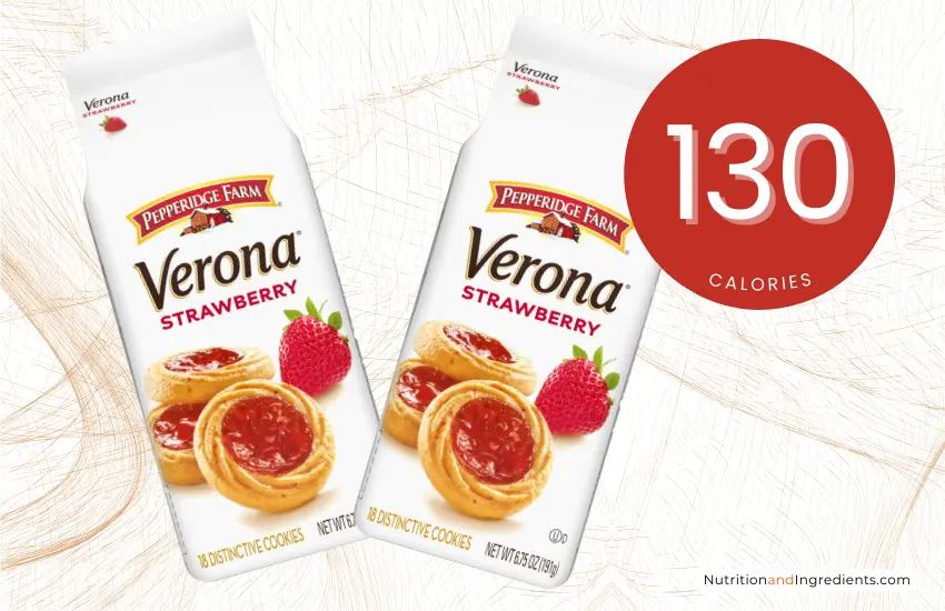 Packages of Pepperidge Farm Verona Strawberry cookies with text '130 calories.