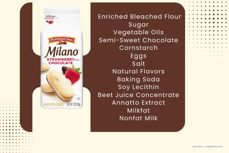 Package of Milano Strawberry Chocolate Cookies with text listing ingredients.