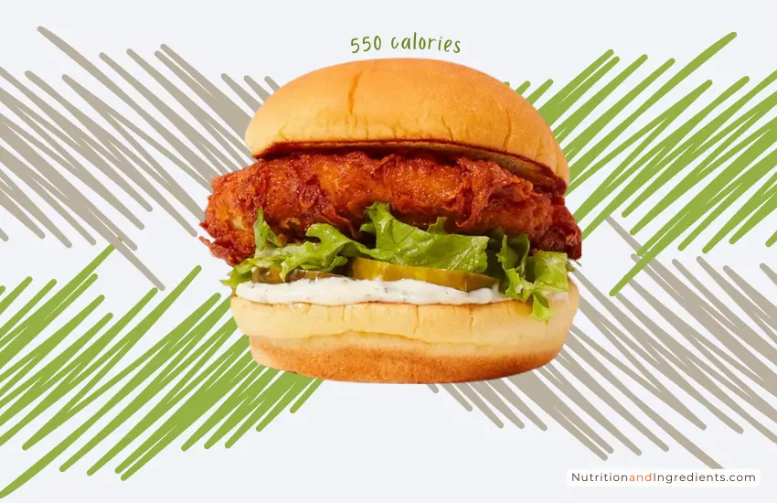 Chicken Shack sandwich from Shake Shack with text '550 calories'.