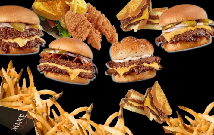 Collage of burgers, fries, and chicken from fast food restaurant Steak 'n Shake.