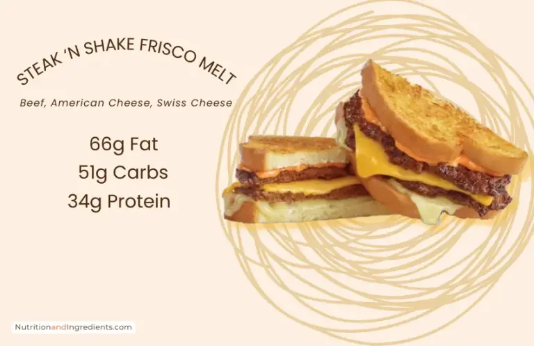 Frisco Melt sandwich from Steak 'n Shake restaurant with text listing quantity of macronutrients.