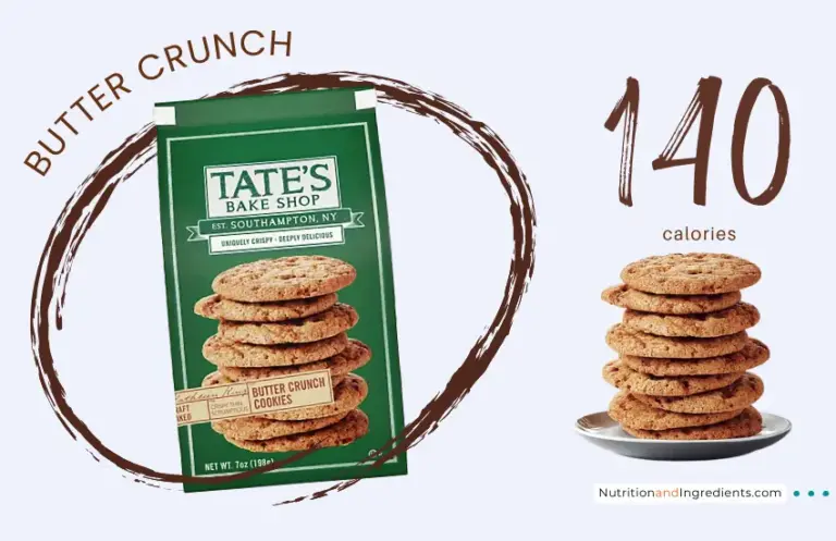 Package of Butter Crunch cookies by Tate's Bake Shop with text '140 calories'.