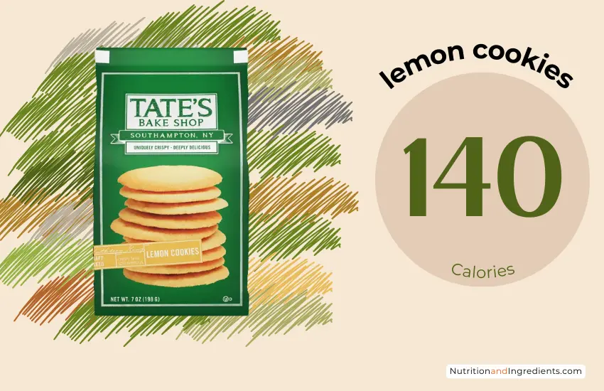 Package of lemon cookies from Tate's Bake Shop with text '140 calories'.