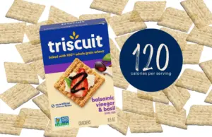 Box of Triscuit Balsamic Vinegar & Basil crackers with text '140 calories per serving'.