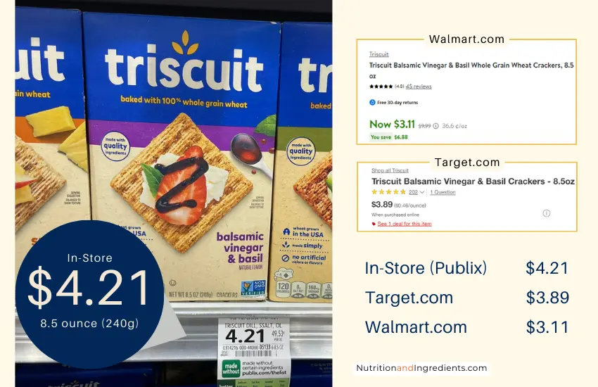 Box of Triscuit balsamic vinegar crackers with price comparison.