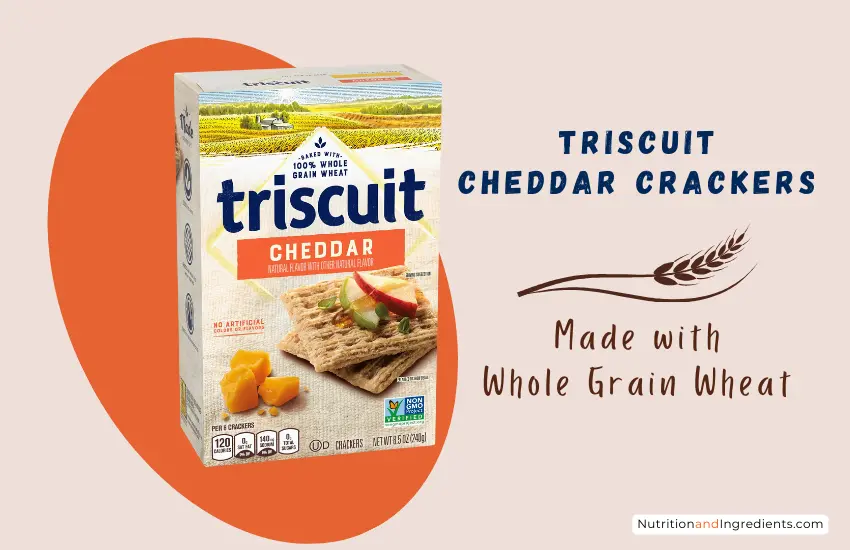 Box of Triscuit cheddar flavored crackers made with whole wheat.