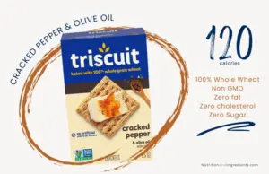 Box of Triscuit Cracked Pepper & Olive Oil crackers with text '120 calories'.