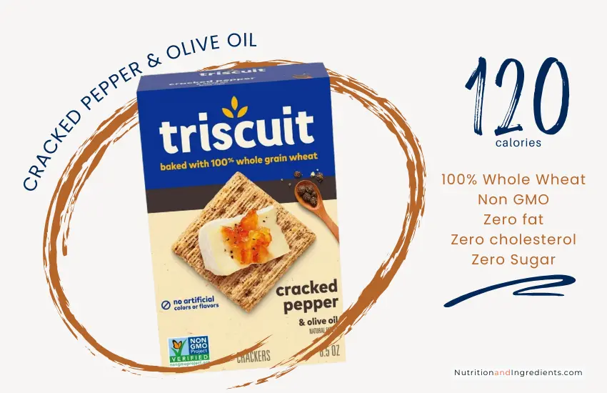 Box of Triscuit Cracked Pepper & Olive Oil crackers with text '120 calories'.