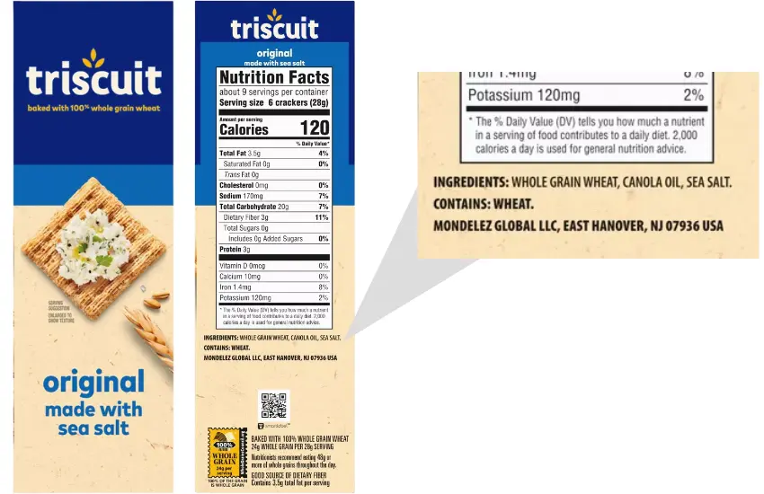 Side label on box of Triscuits with list of ingredients.