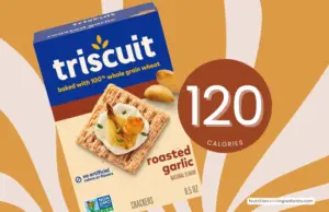 Box of roasted garlic triscuit crackers and text '120 calories'.