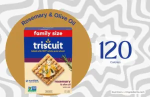 Box of Triscuit Rosemary and Olive Oil crackers with text '120 calories'.