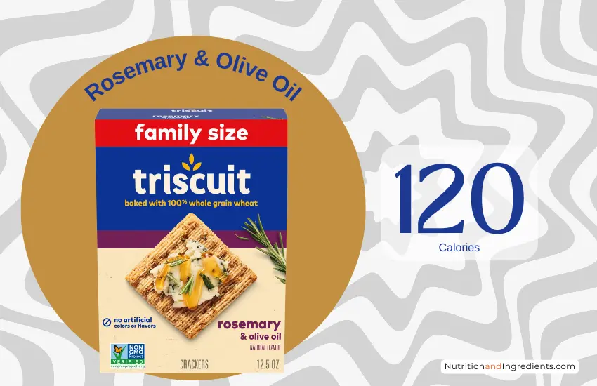 Box of Triscuit Rosemary and Olive Oil crackers with text '120 calories'.