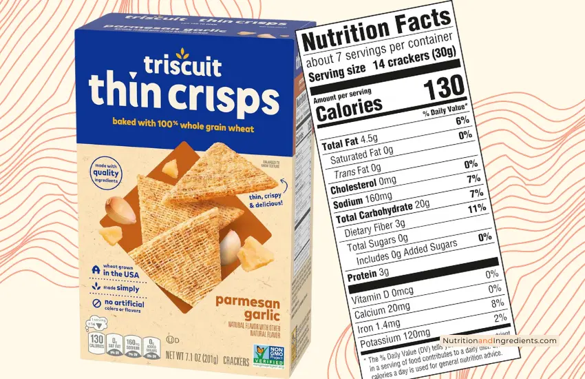 Box of Triscuit Thin Crisps with copy of nutrition facts label.