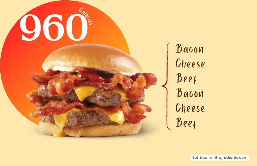 Baconator cheeseburger from Wendy's with text '960 calories'.