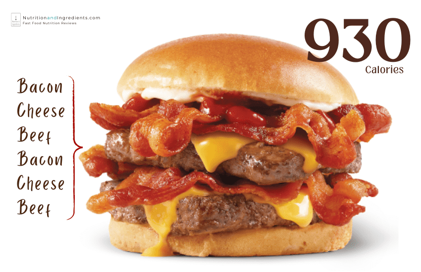 Baconator cheeseburger from Wendy's with text '960 calories'.