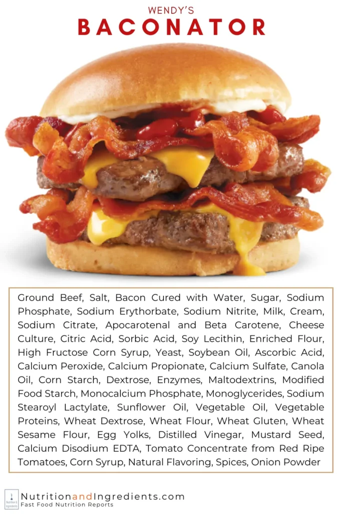 Wendy's Baconator cheeseburger with text list of ingredients.