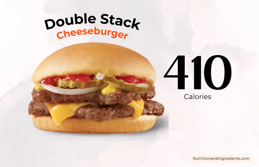 Double patty cheeseburger from Wendy's restaurant with text '410 calories'.