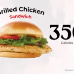 Grilled chicken sandwich from Wendy's with text '350 calories'.