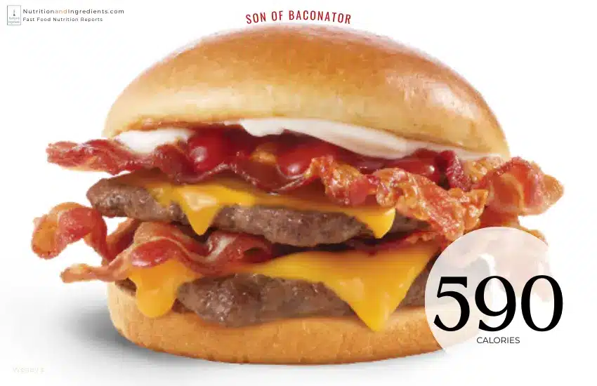 Wendy's Son of Baconator cheeseburger with text "590 calories."