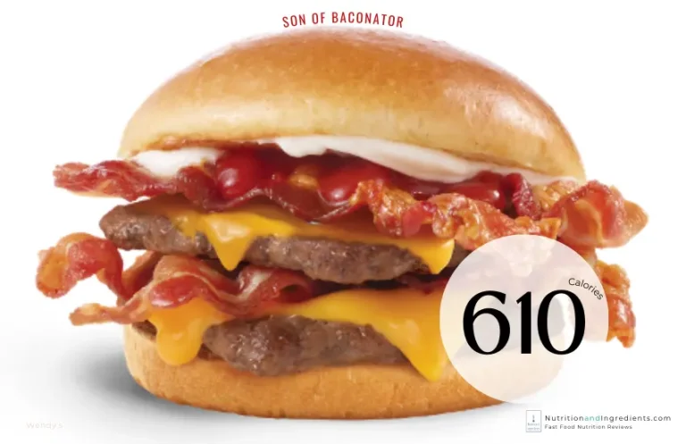Bacon cheeseburger branded as the Son of Baconator at Wendy's restaurant with text "610 calories."