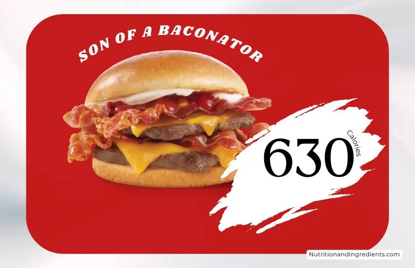 Bacon cheeseburger branded as the Son of Baconator at Wendy's restaurant with text '630 calories'.